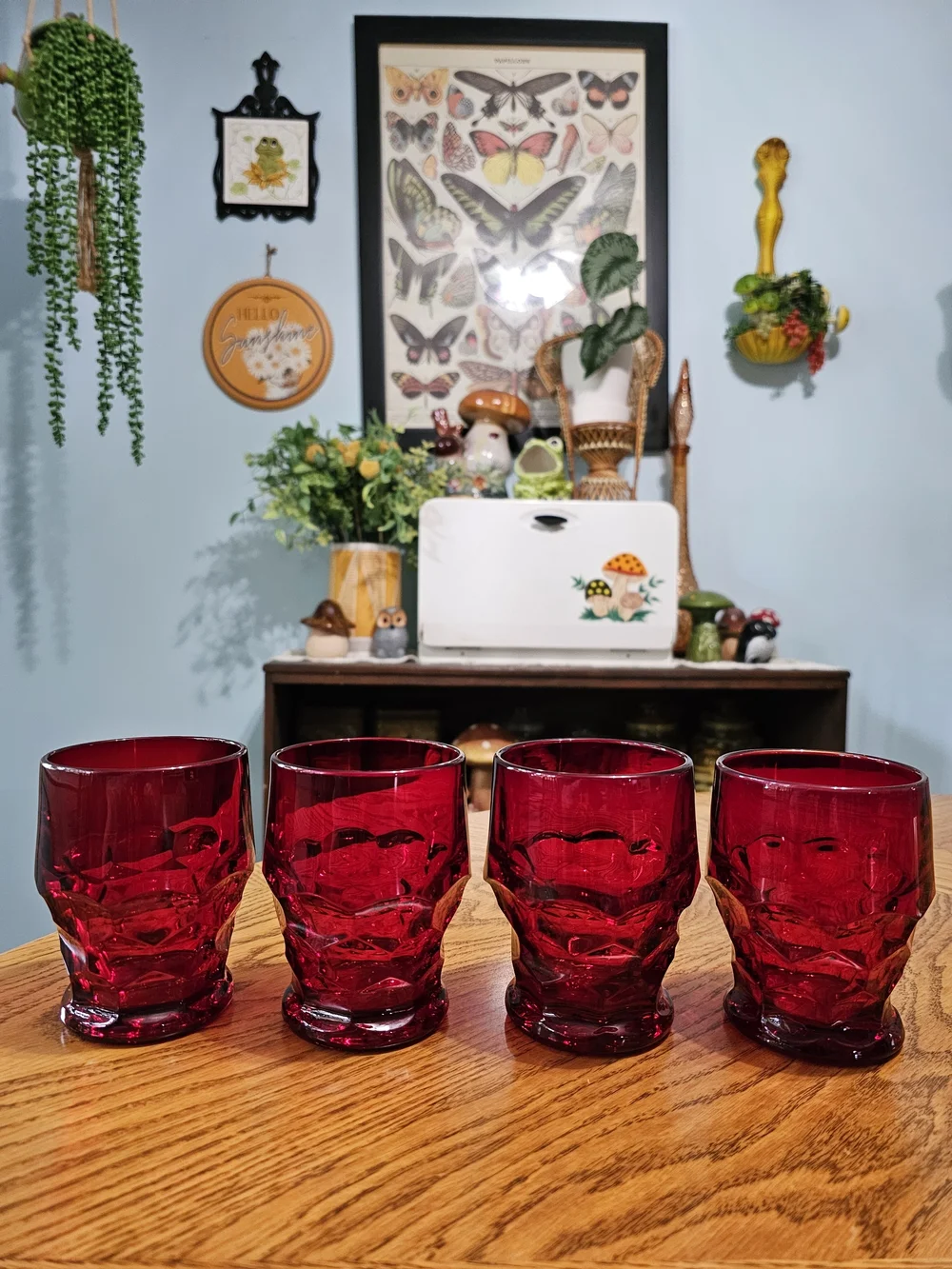 Vintage MCM Ruby Red Set of 4 Georgian Honeycomb Viking Glass Lowball Tumbler